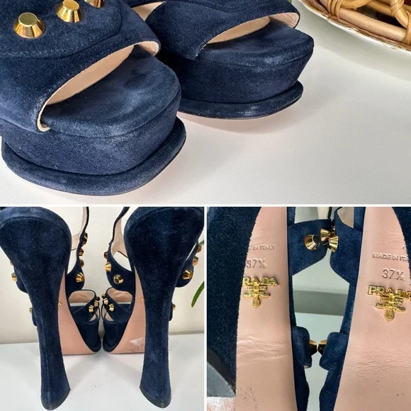 PRADA Navy Blue Suede Gold Stud Platform Sandals Heels 37.5 Italy - Picture 10 of 13